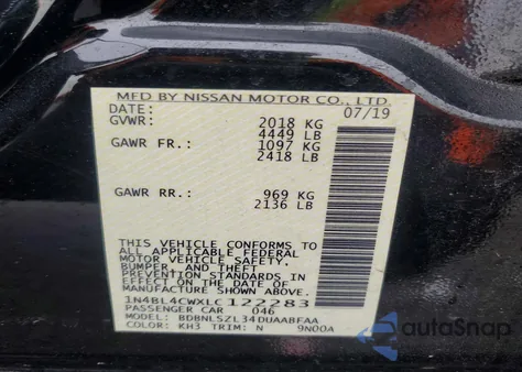 2020 Nissan Altima Sr из США, поврежденный, VIN 1N4BL4CWXLC122283